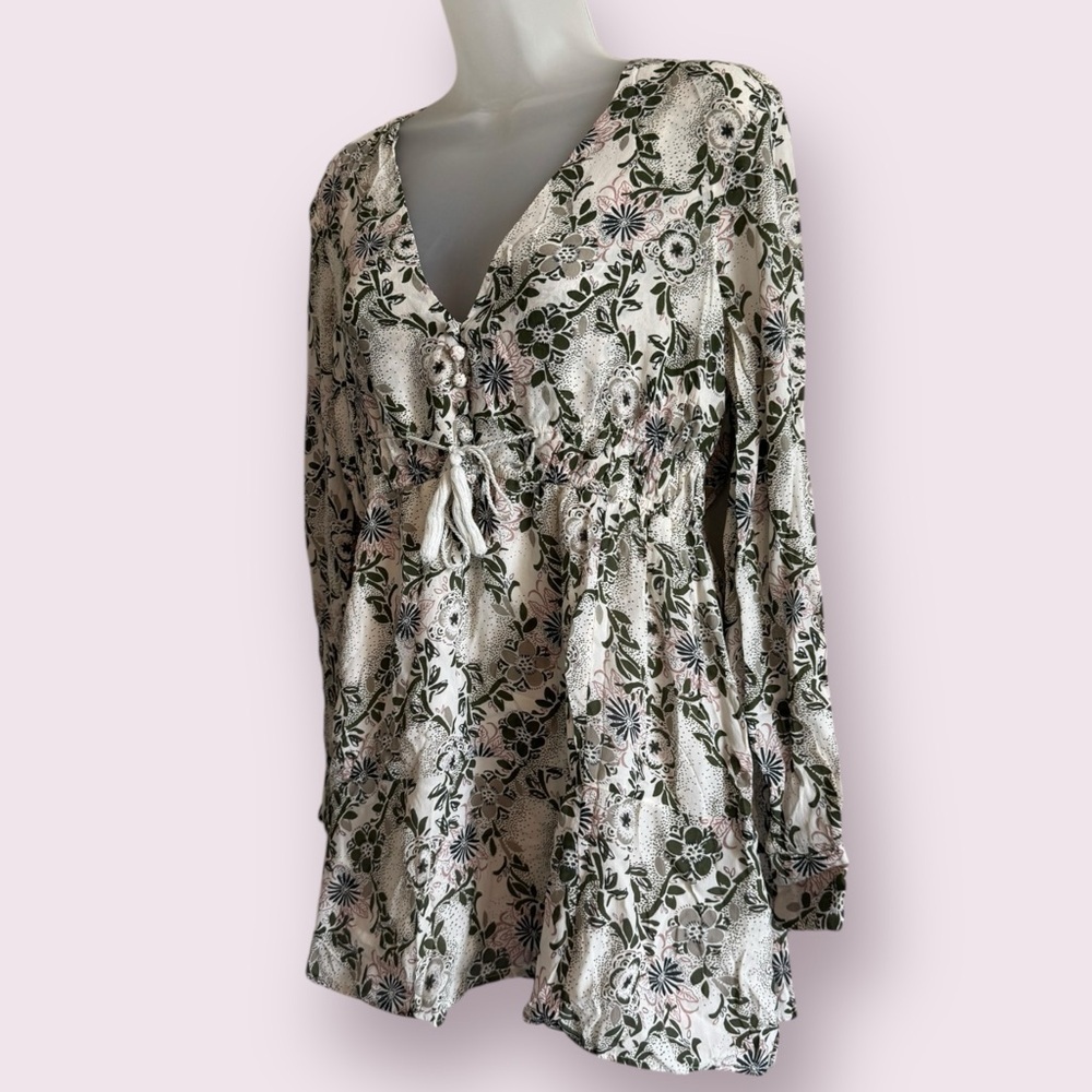 Free People Floral Boho Plunge Blouse White Pink Green Size S - Picture 4 of 6